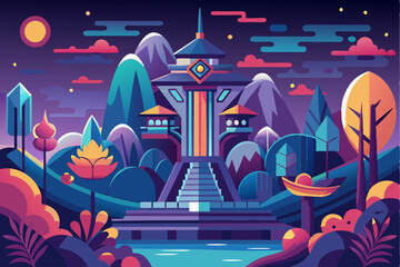 Obraz premium A Mystical Geometric Tower in a Nighttime Fantasy Landscape