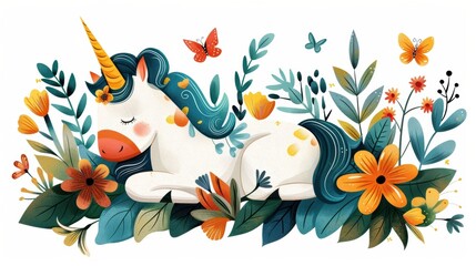 Fototapeta premium Adorable baby unicorn sleeping among colorful flowers with butterflies in cartoon watercolor style