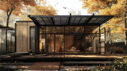 A modern cabin with large windows overlooking a lush forest in autumn.