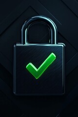 A sleek lock icon with a bold green checkmark, set against a dark background, symbolizing verified security. 