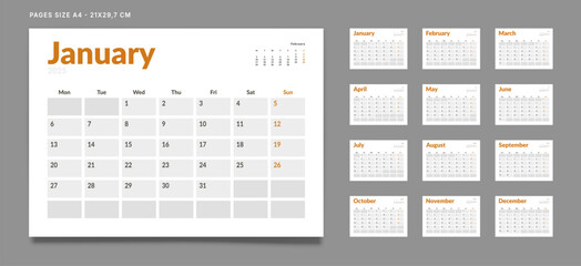 Set of 12 Pages Monthly Calendar Planner Templates on 2025 year. Vector mockup of a wall or desktop calendar with the week start on Monday for print. Pages size A4 -21x29.7cm