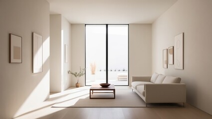 Minimalist Living Room with Sunlight Streaming In: A contemporary interior design concept featuring a spacious living room bathed in natural light, showcasing a sleek sofa, minimalist coffee table, an