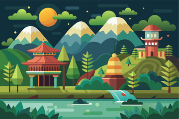 Fototapeta premium Nighttime Mountain Landscape with Pagoda, Waterfall, and River