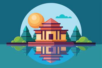 Fototapeta premium Flat Design Illustration of a Modern House Reflecting in a Lake