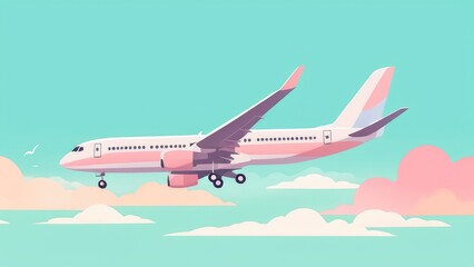 Fototapeta premium A gently illustrated airplane glides through a clear sky with soft clouds, evoking a sense of smooth and tranquil flight in a dreamy, pastel-toned atmosphere