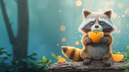 Cute baby raccoon holding fruit while sitting on a log in a whimsical forest, illustrated in cartoon watercolor style