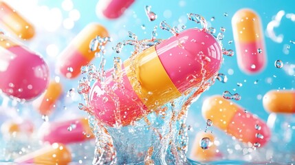 Colorful Pills Splashing into Water.