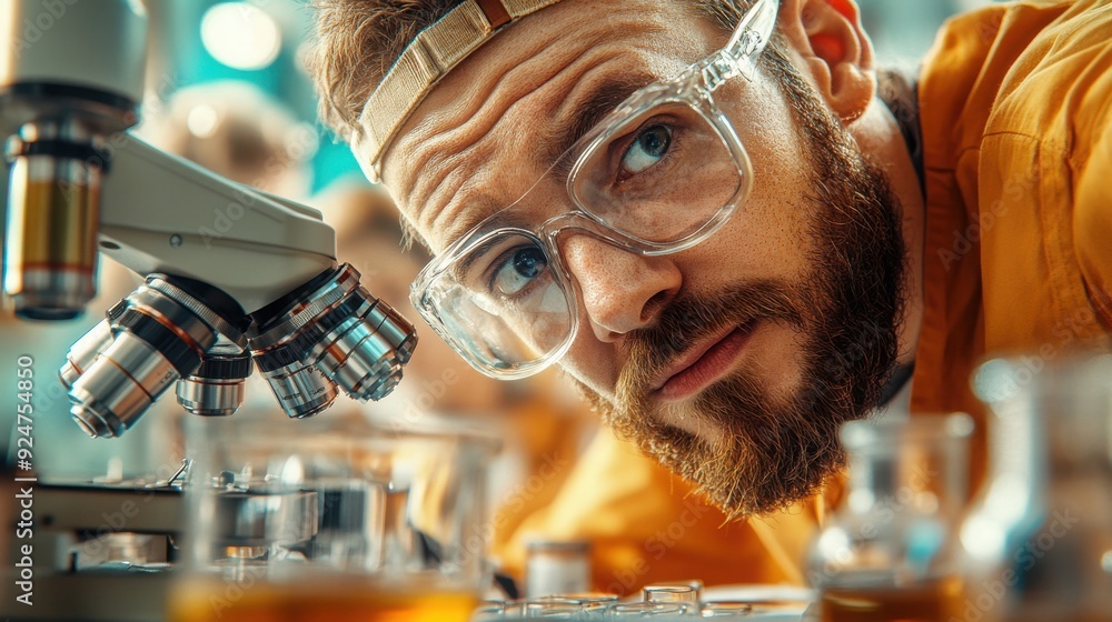 Poster scientist examining sample under microscope.