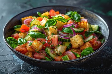 A vibrant salad with tomatoes, cucumbers, croutons, and fresh basil in a bowl.