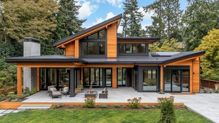 Modern home with large windows, a patio, and a grassy lawn.