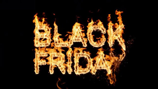Hot discounts on black Friday sale. Isolated black background with fire letters. Special offer on shopping in store. Low prices. Super big promotions on goods, services. Marketing pr concept. Mega ad.