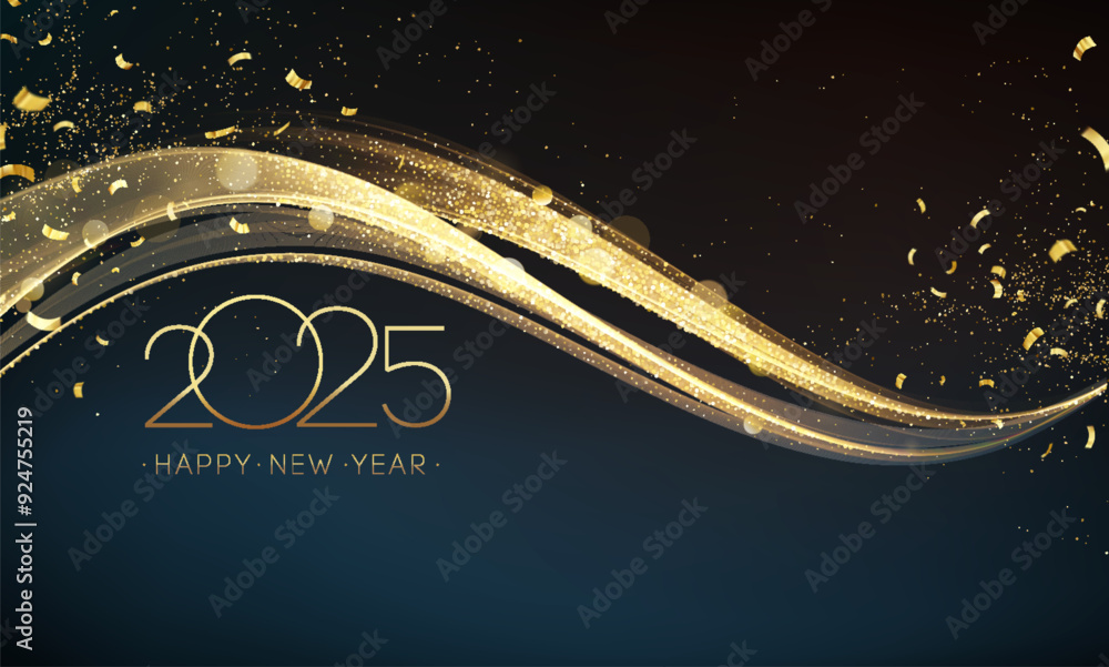Aufkleber 2025 happy new year abstract shiny gold glitter wave with foil confetti design element