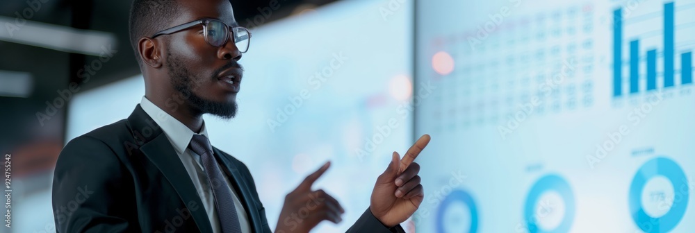 Poster a professional in a suit pointing at data charts on a screen during a presentation, highlighting imp