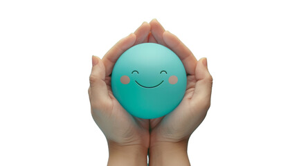 Hands holding smiling sphere, joyful concept against transparent background