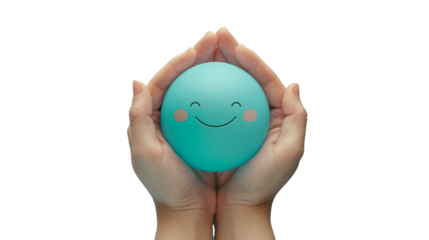 Hands holding smiling sphere, joyful concept against transparent background