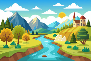 Picturesque Landscape with a Winding River and a Village in the Mountains