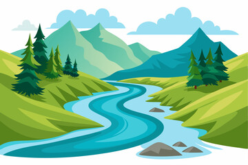 Serene Mountain Landscape with Winding River and Green Trees