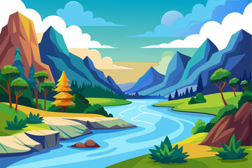 A Serene Mountain Landscape with a Winding River