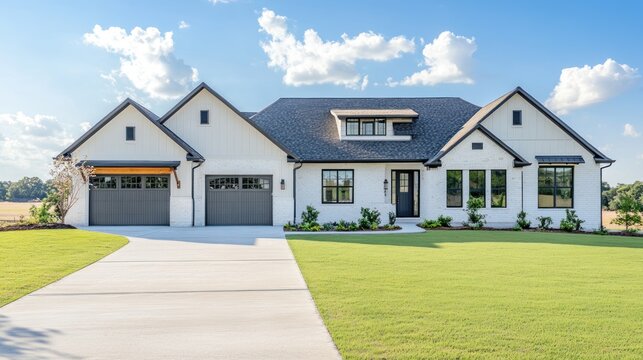 A white brick suburban home with a driveway and green lawn.