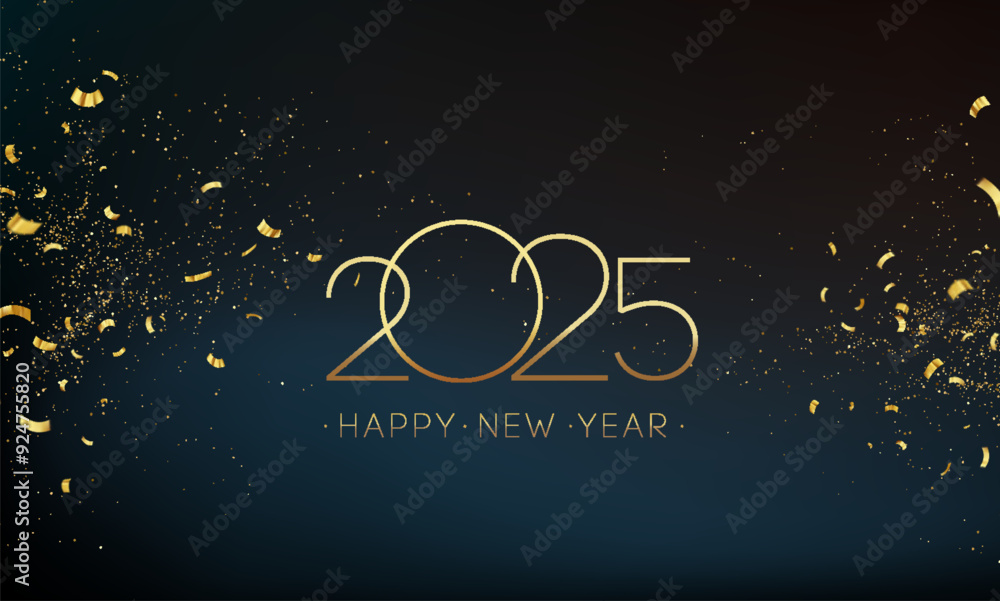 Poster 2025 happy new year abstract shiny gold glitter with foil confetti design element
