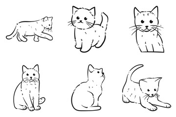 Doodle line art illustration of a cute cat in black and white isolated on a white background