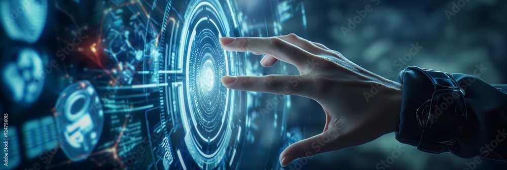 Poster a hand touching a futuristic virtual interface with digital elements and glowing cyber design, symbo