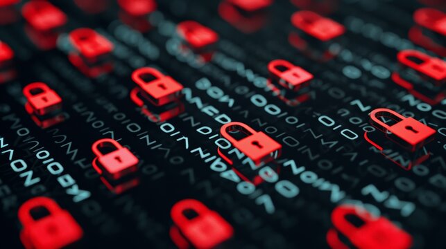 Dynamic digital background with red locks symbolizing cybersecurity and data protection in a modern tech environment.