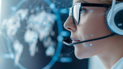Focused professional using headset and glasses, engaged in a call, with a digital interface backdrop representing global communication.