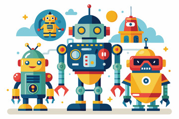 Four Colorful Robots Standing Together in a Group