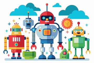 Four Friendly Robots in a Cartoon Setting