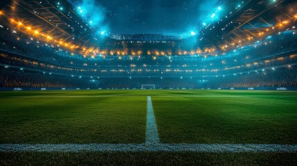 A large empty stadium with fans shouting enthusiastically before the match. Brightly lit lawn ready for the game.