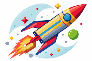 Cartoon Rocket Flying Through Space with Flames and Stars