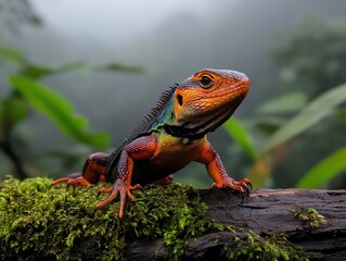 Obraz premium A colorful lizard standing alert on a mossy log, misty jungle setting, soft focus in the background, Lizard, exotic environment