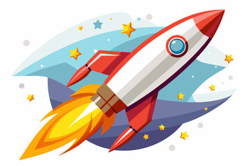 Cartoon Rocket Launching Into Space with Flames and Stars