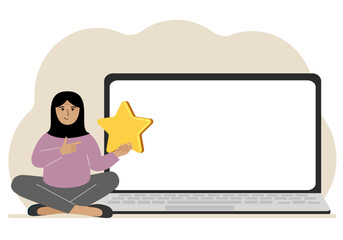 Online feedback, customer experience, user satisfaction concept. Woman giving star rating online using laptop. Positive feedback, business survey.