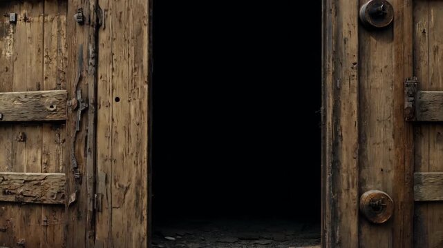 Old wooden door opening on black background animation. Show transition intro. Isolated vintage medieval gate open. Ancient doorway close up.