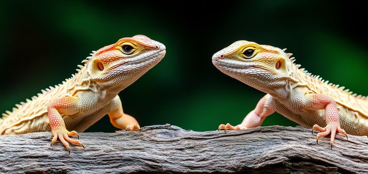 Two lizards facing off on a branch, dramatic tension captured, strong focus on posture and expression, Lizard, wildlife interaction