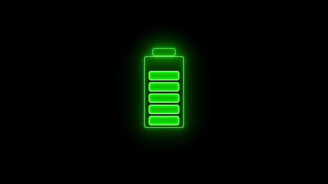 Neon battery charging icon animation.Neon battery fast charging. the neon battery charging on the black screen background