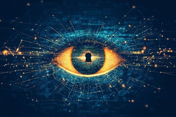 An eye icon made of binary code with a key embedded in the center, symbolizing secure data access. 
