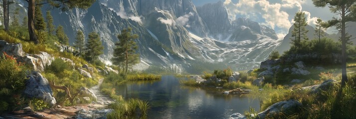 Fototapeta premium A crystal-clear mountain lake surrounded by lush trees and majestic snowy peaks, offering a breathtaking view of nature's grandeur.
