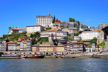 Panorama of Porto harbour at Douro river, Portugal in sunny summer day