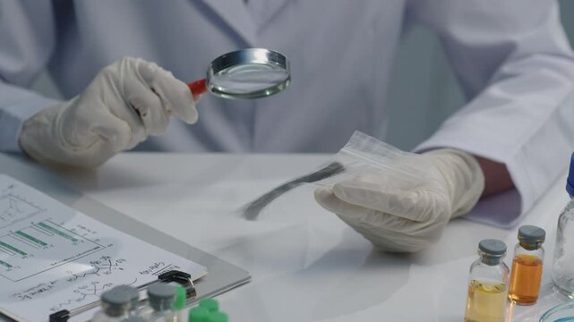 The researcher is holding a sample of experimental hair in a sealed bag and observing it carefully with a magnifying glass. High angle close up shot on white lab table with some experiment items