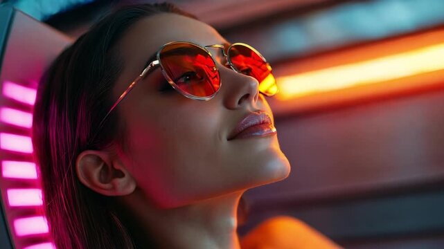 A young woman lounges comfortably, highlighting her relaxed expression and fashionable sunglasses under vibrant neon lighting in a modern solarium setting.