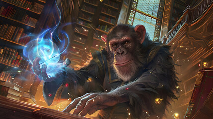 Obraz premium Wise chimpanzee spellcaster, levitating objects with his wand in a magical library