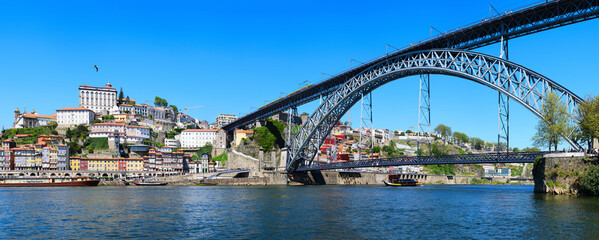 Panorama of Porto harbour at Douro river, Portugal in sunny summer day