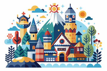 A Vibrant, Geometrically-Designed Cityscape with Mountain and Sun