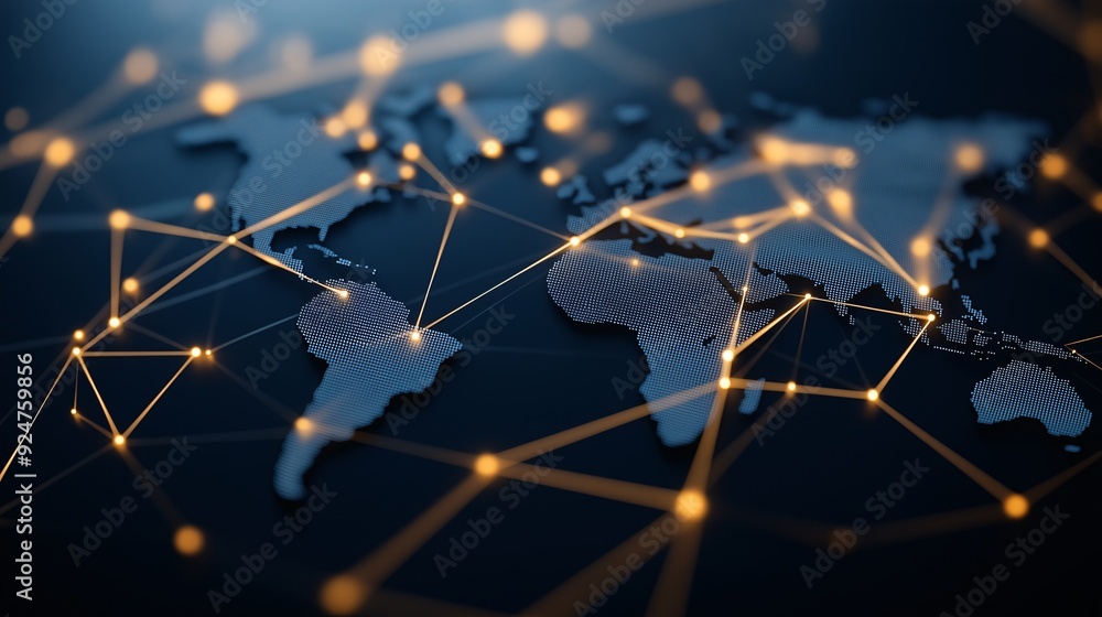 Poster a digital representation of global communication networks, showcasing interconnected nodes and data 