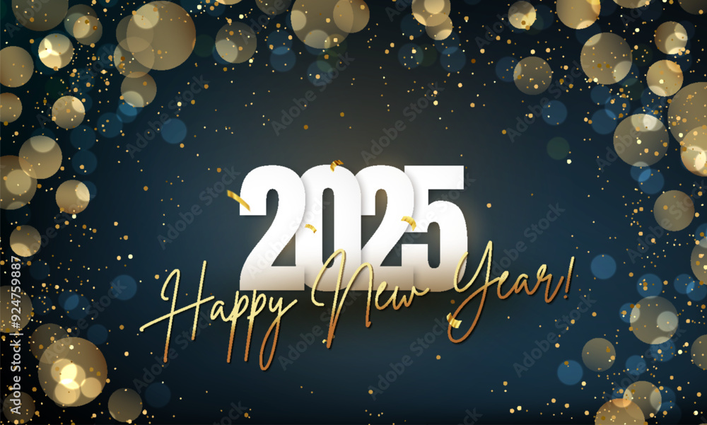 Poster 2025 happy new year abstract shiny gold glitter with confetti and bokeh design element