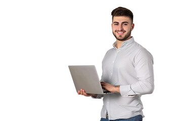 Young man in a business casual outfit smiling and holding a laptop Isolated on transparent background.