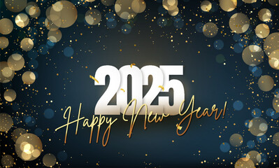 2025 Happy New Year Abstract shiny Gold glitter with Confetti and bokeh design element